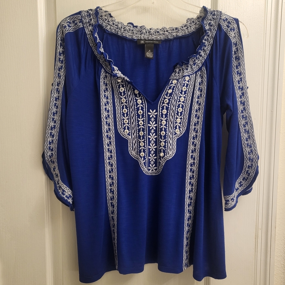 INC Blue Embroidered Boho Top Size M